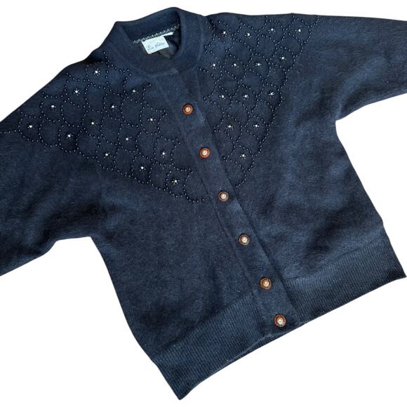 Vtg Sia Bellini black Floral Jeweled Rabbit Hair Wool Blend Cardigan Large - Picture 3 of 16